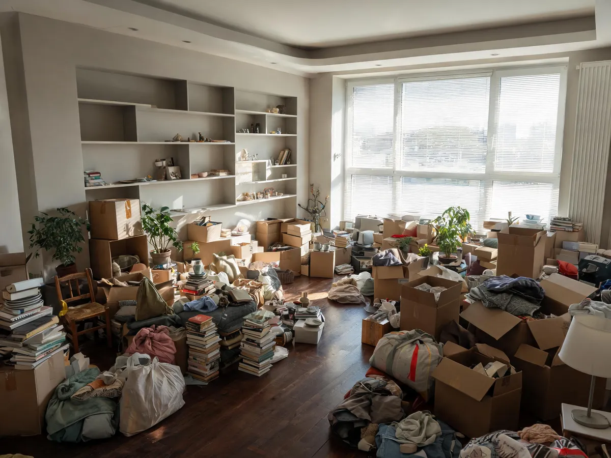 Before: a cluttered room full of boxes and old furniture before a house clearance in Forest