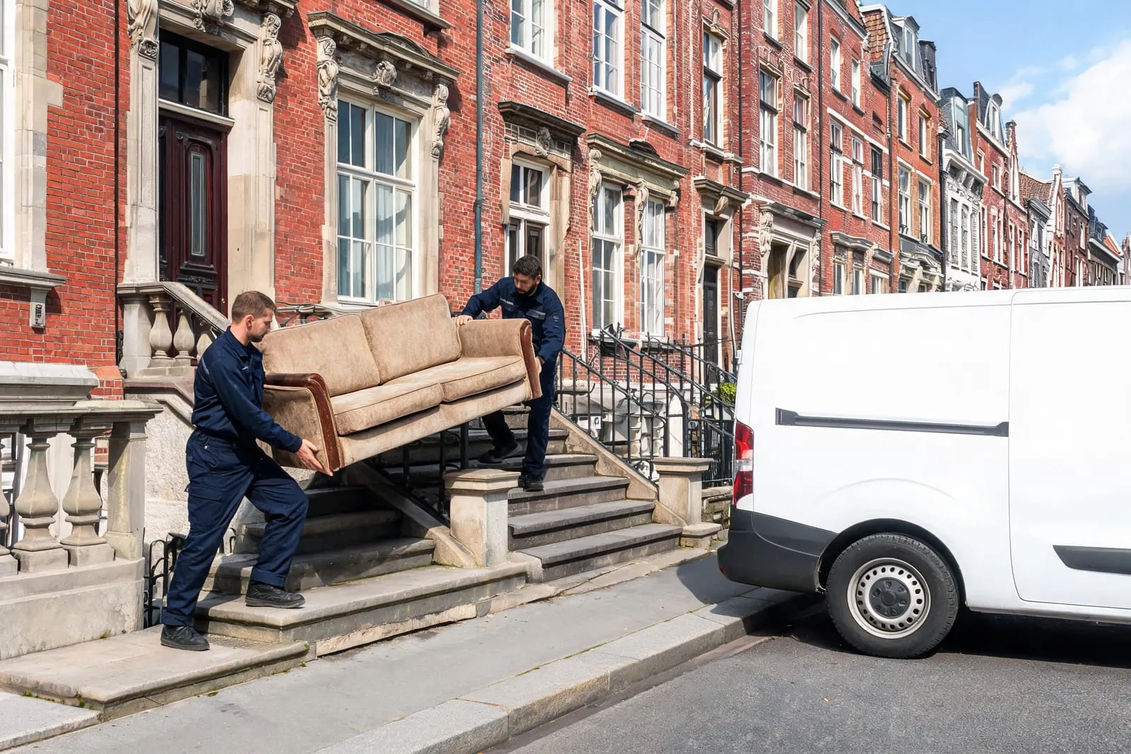 Furniture removal in Brussels — a crew carrying an old sofa to the van